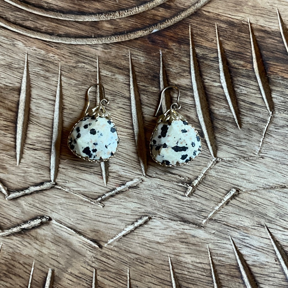Anthropologie Dalmatian Jasper Teardrop Earrings in Cream and Black